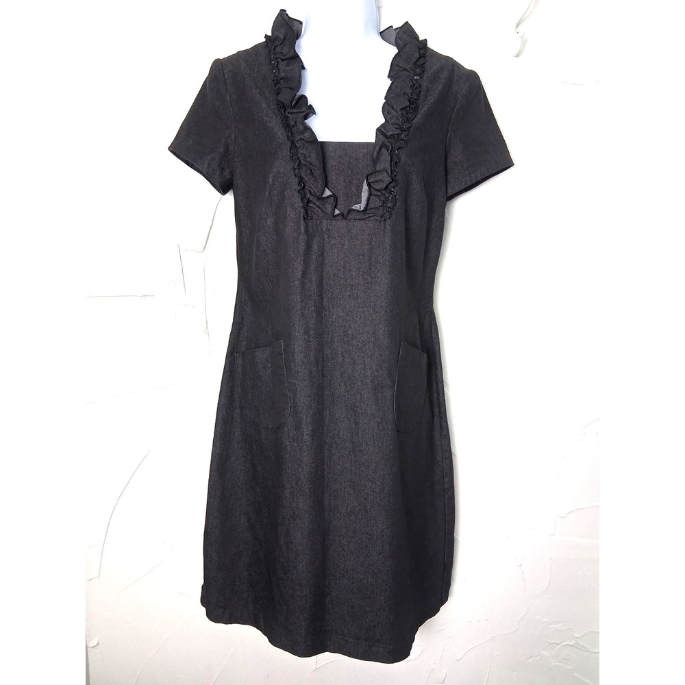 Black Denim Ruffle Midi Fit & Flare Dress Size 6‎ Office Siren Corp Core
